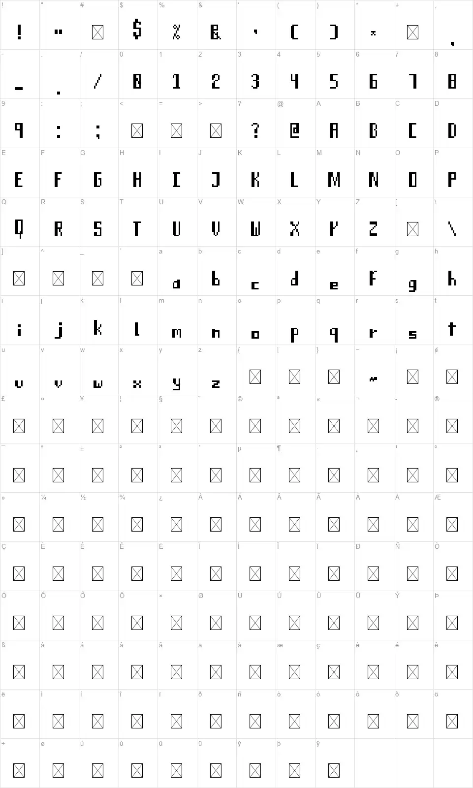 Light Arialfont character map