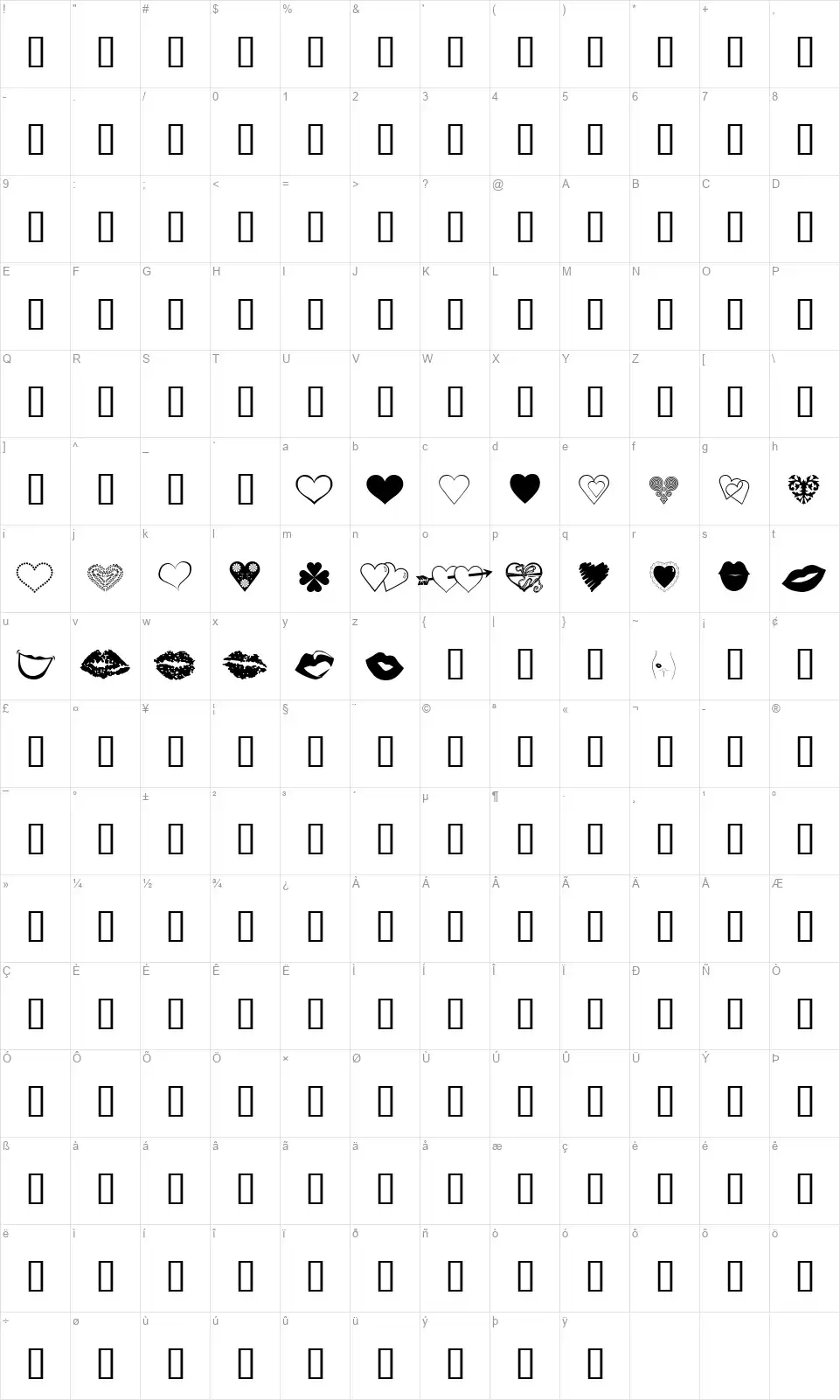 Luv N Kissesfont character map