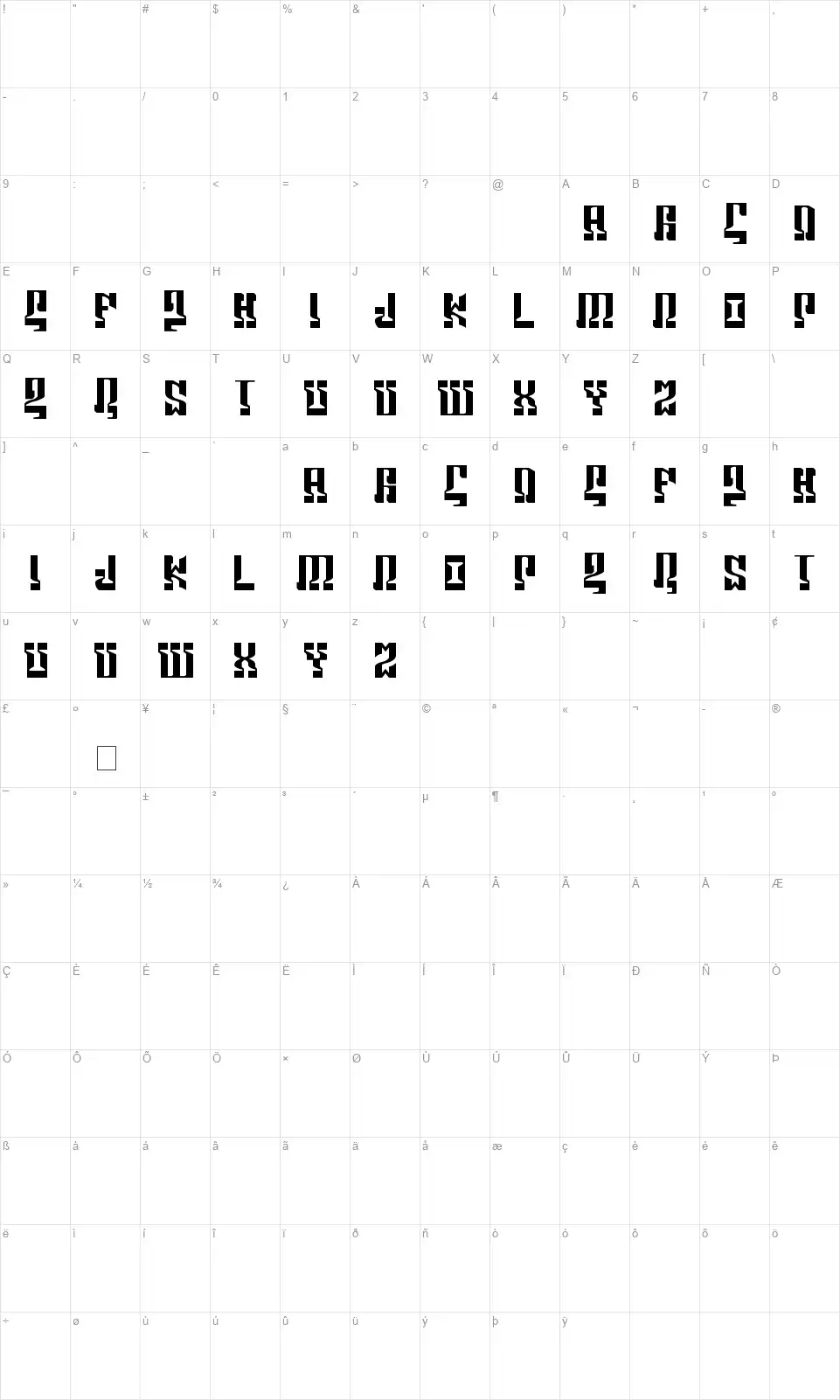 Marshorsbnfont character map