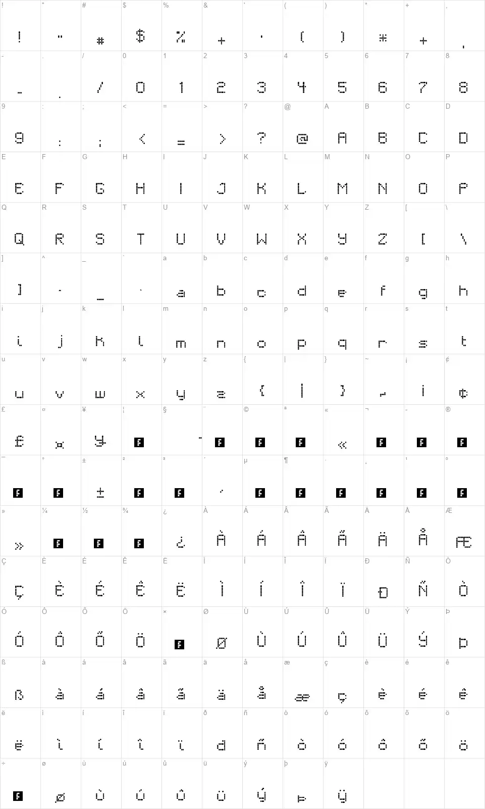Matrixdancerfont character map