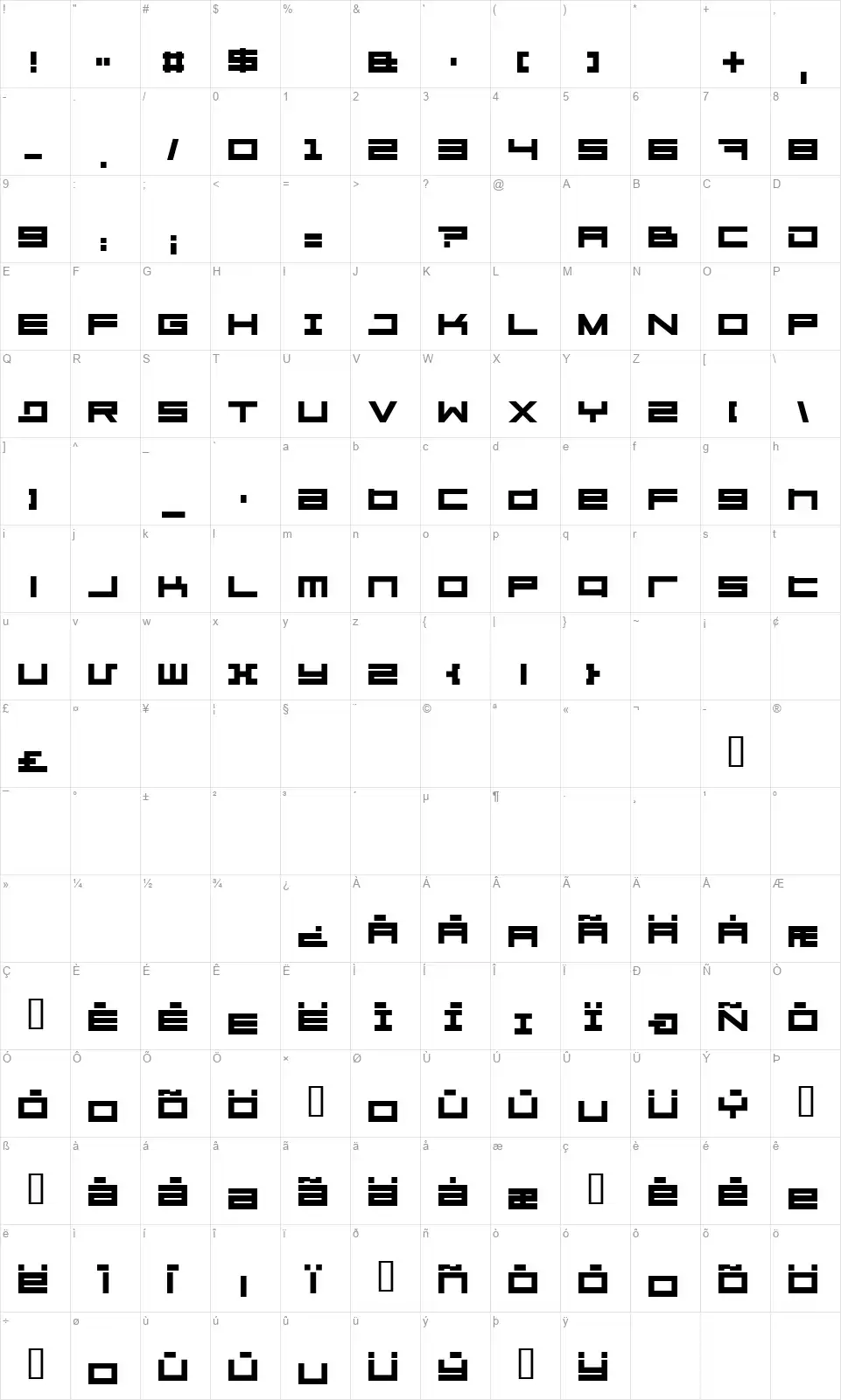 Megatonfont character map