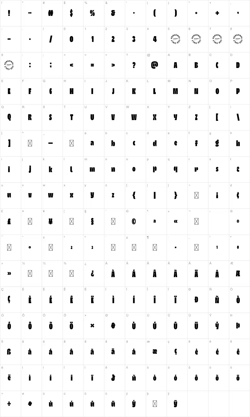 Megora Карта Megorafont character map