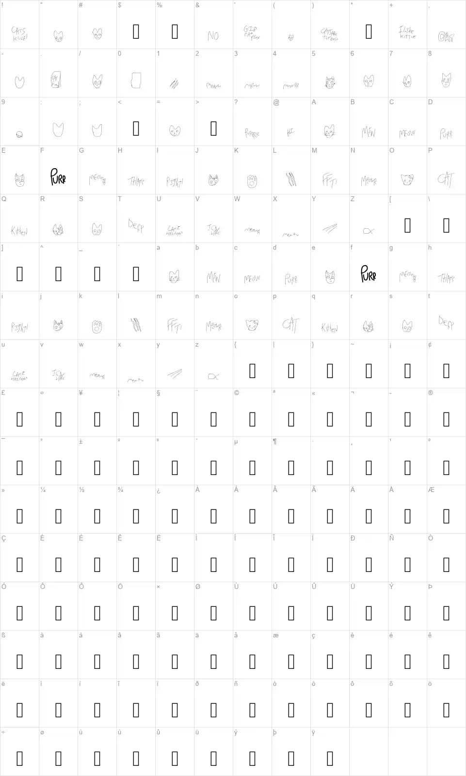 Mew Too CatDingsfont character map