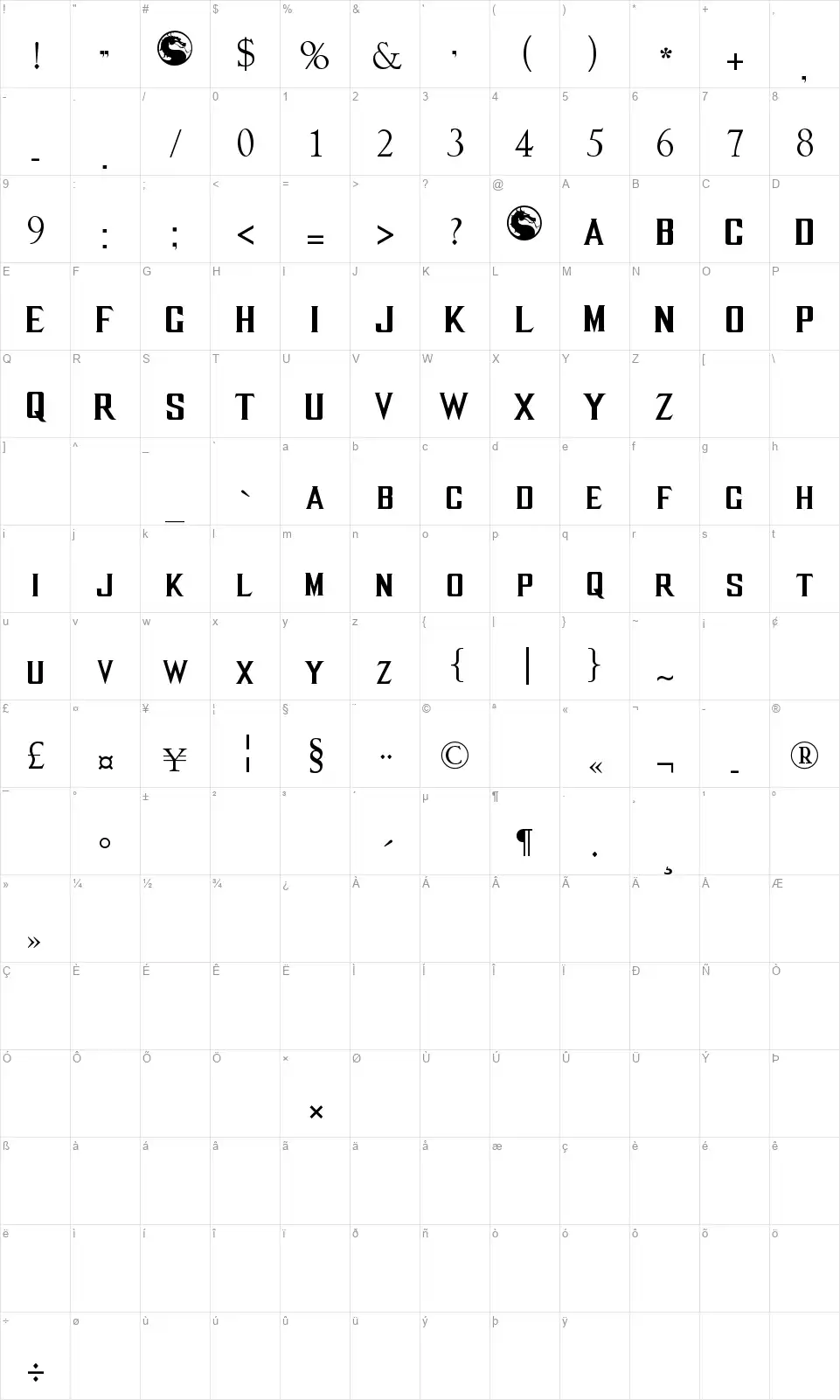 MKX Titlefont character map