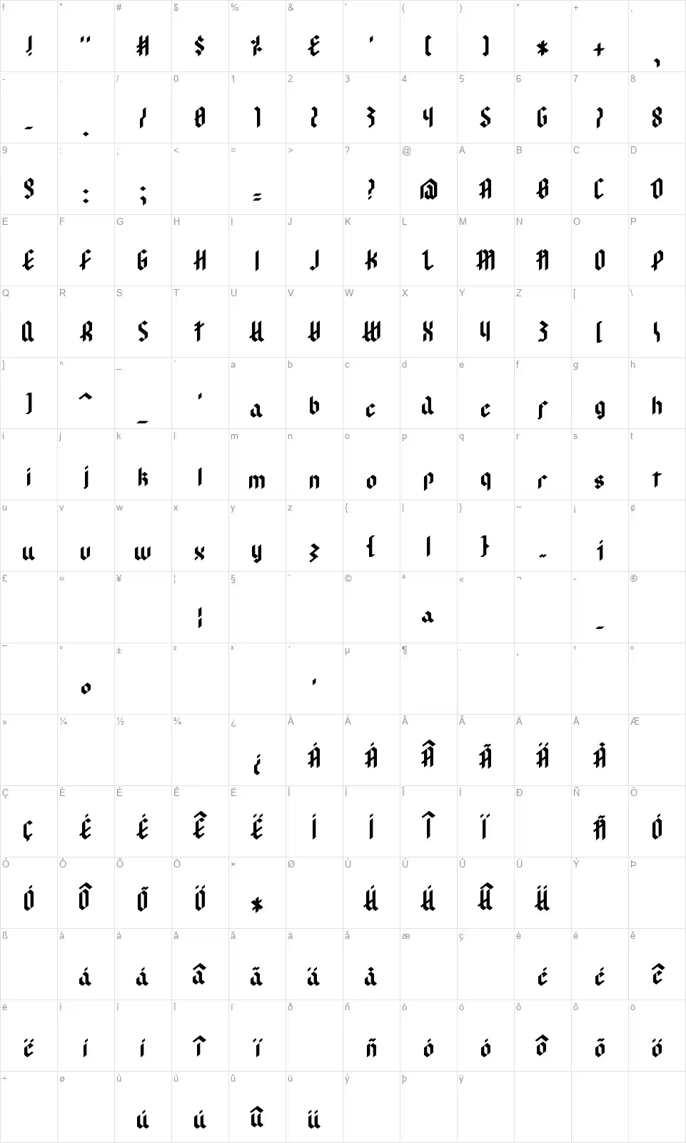 Modern Gothfont character map