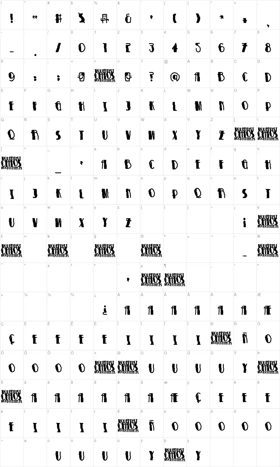 Modernist Chaosfont character map
