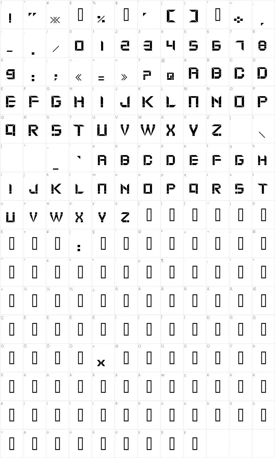 Moduldamafont character map