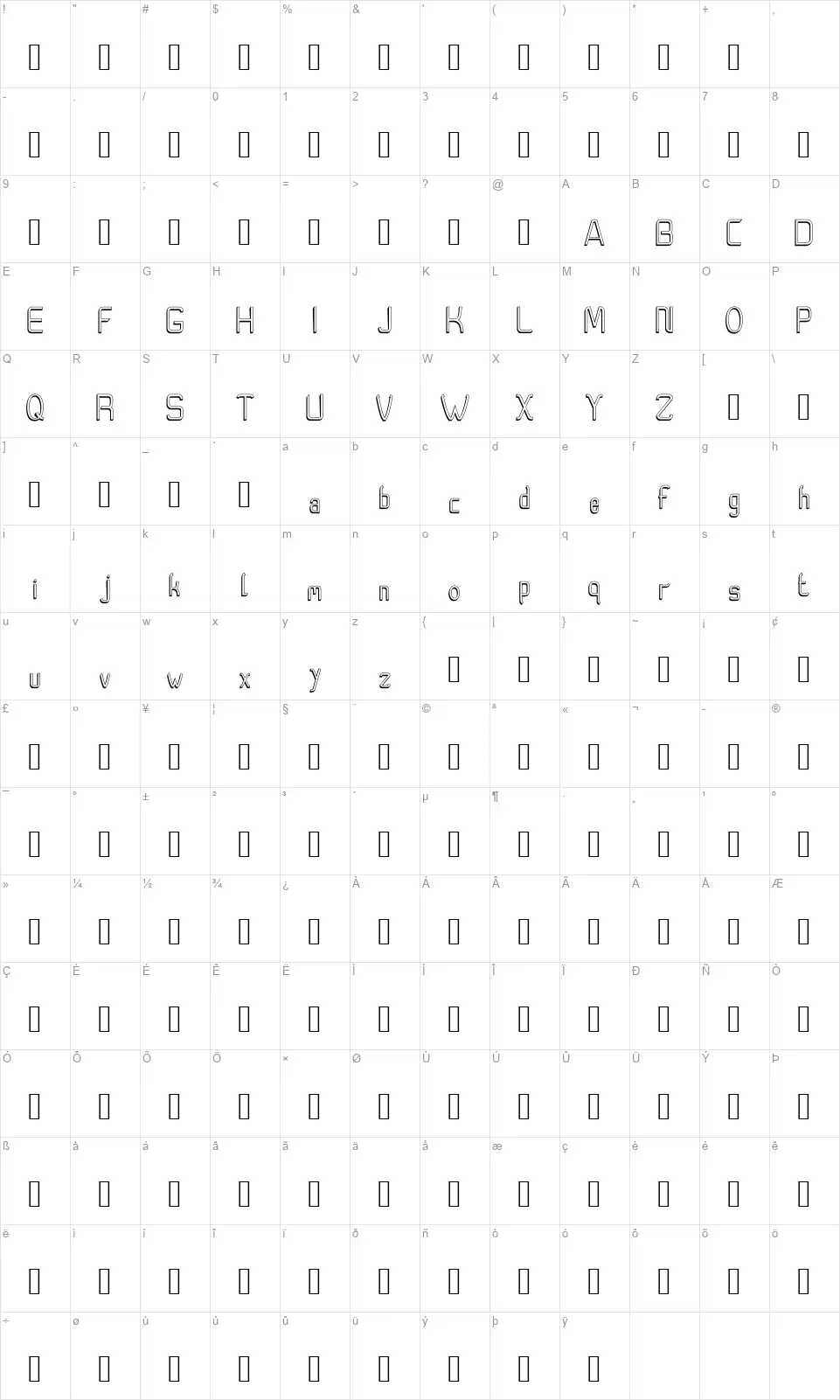 Moedyningsih Shadowfont character map
