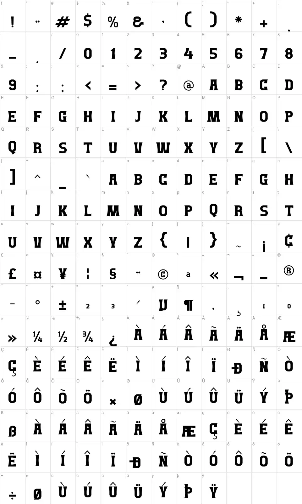 Monstarfont character map