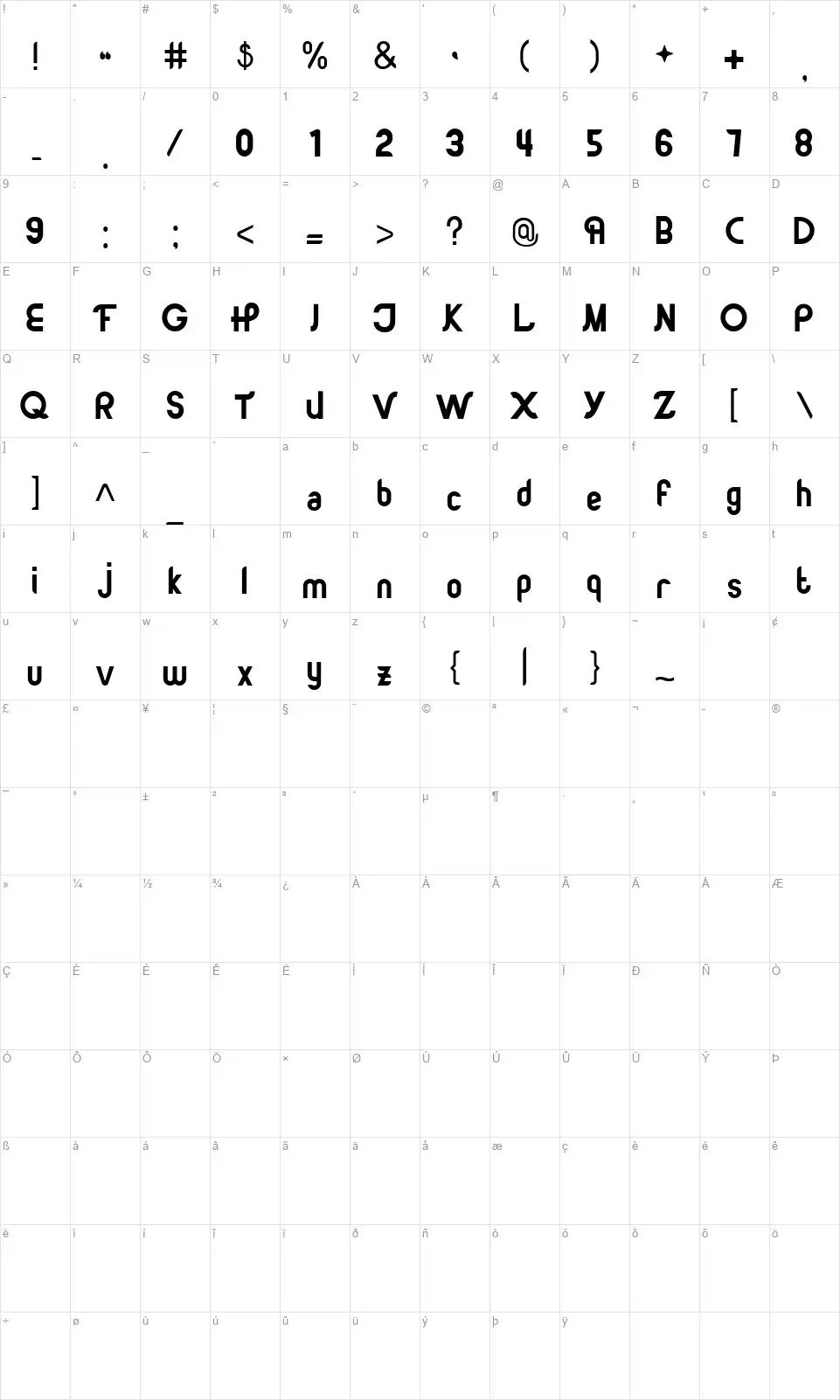 Moonbeamfont character map