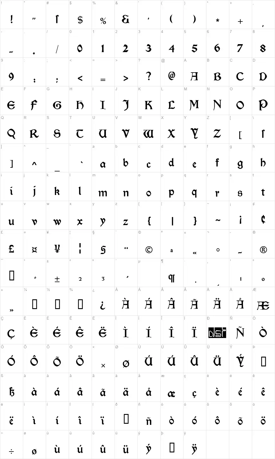 Morris Romanfont character map