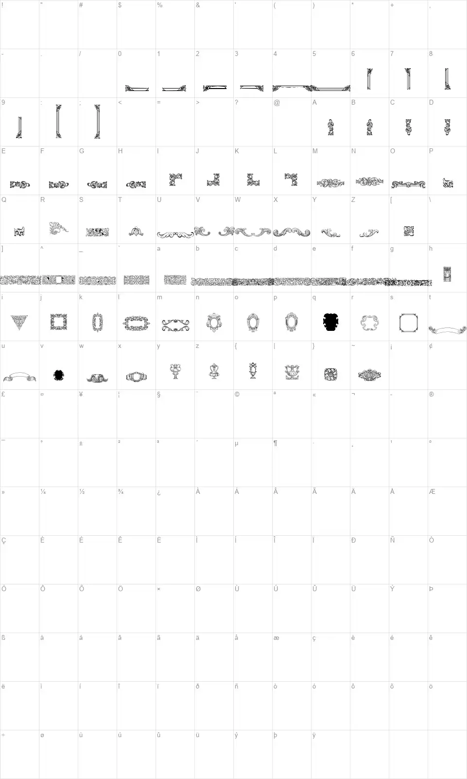 Mortised Ornamentsfont character map