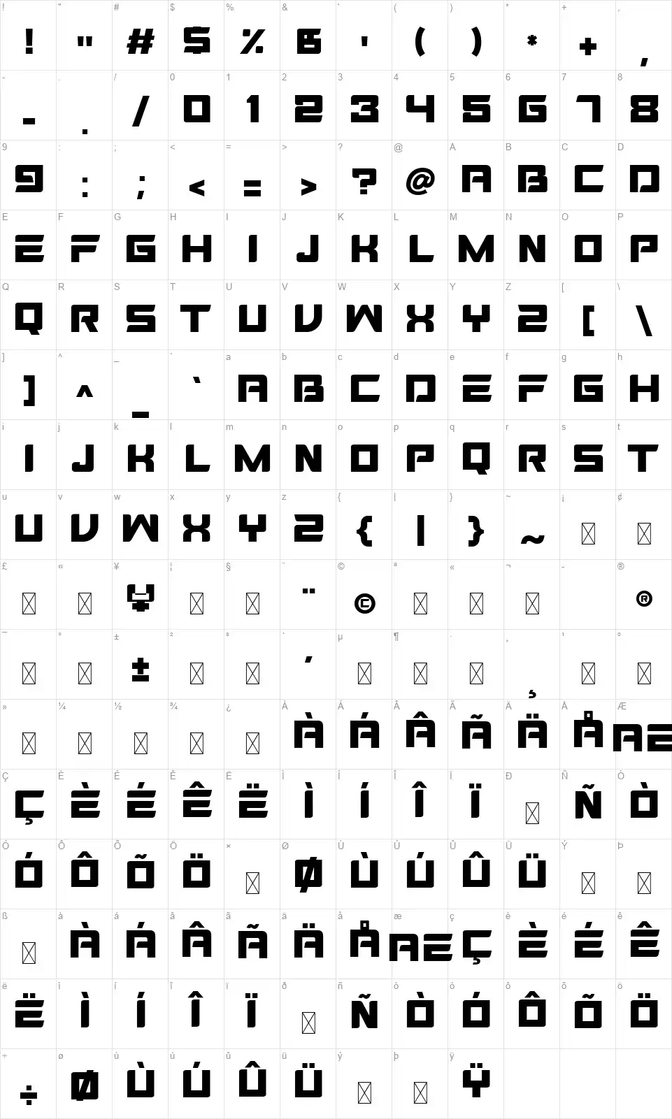 Mosfetfont character map