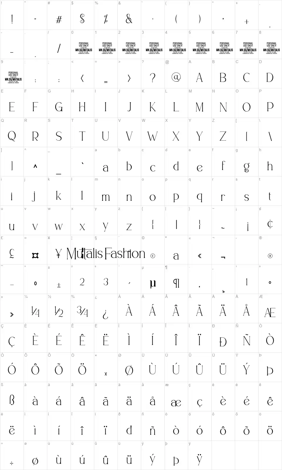Mutalis Fashionfont character map