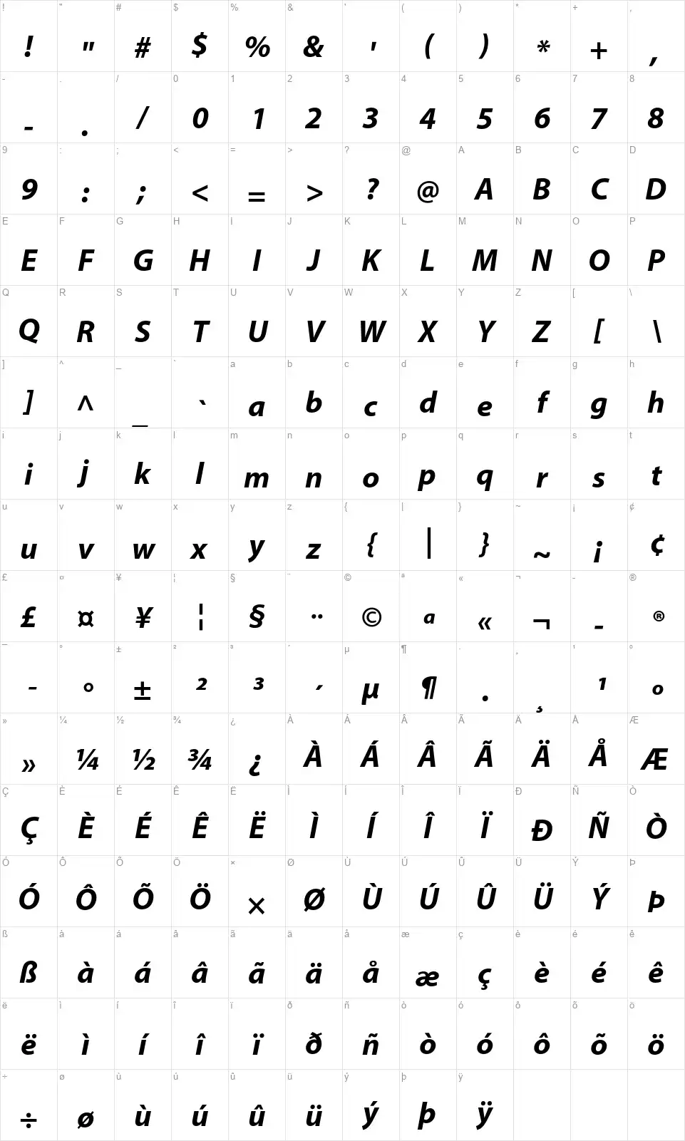 Myriad Pro Bold Italicfont character map
