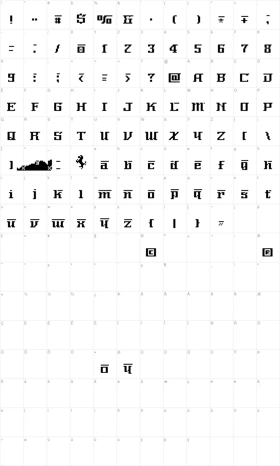 Nerima Numberfont character map