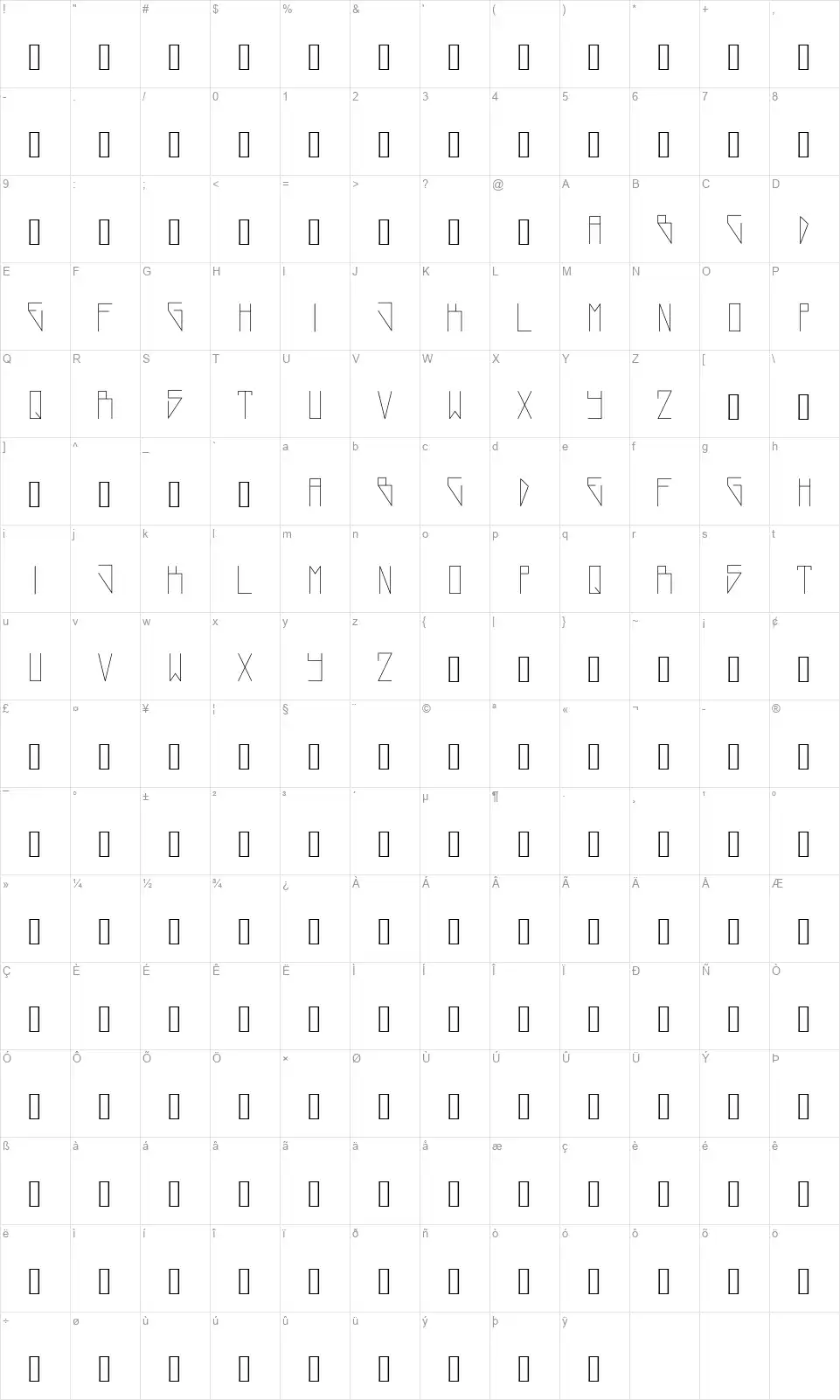 NewWorldfont character map