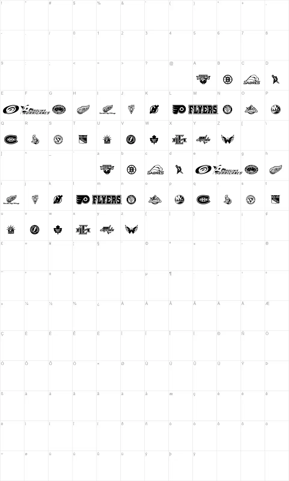 NHL Eastfont character map