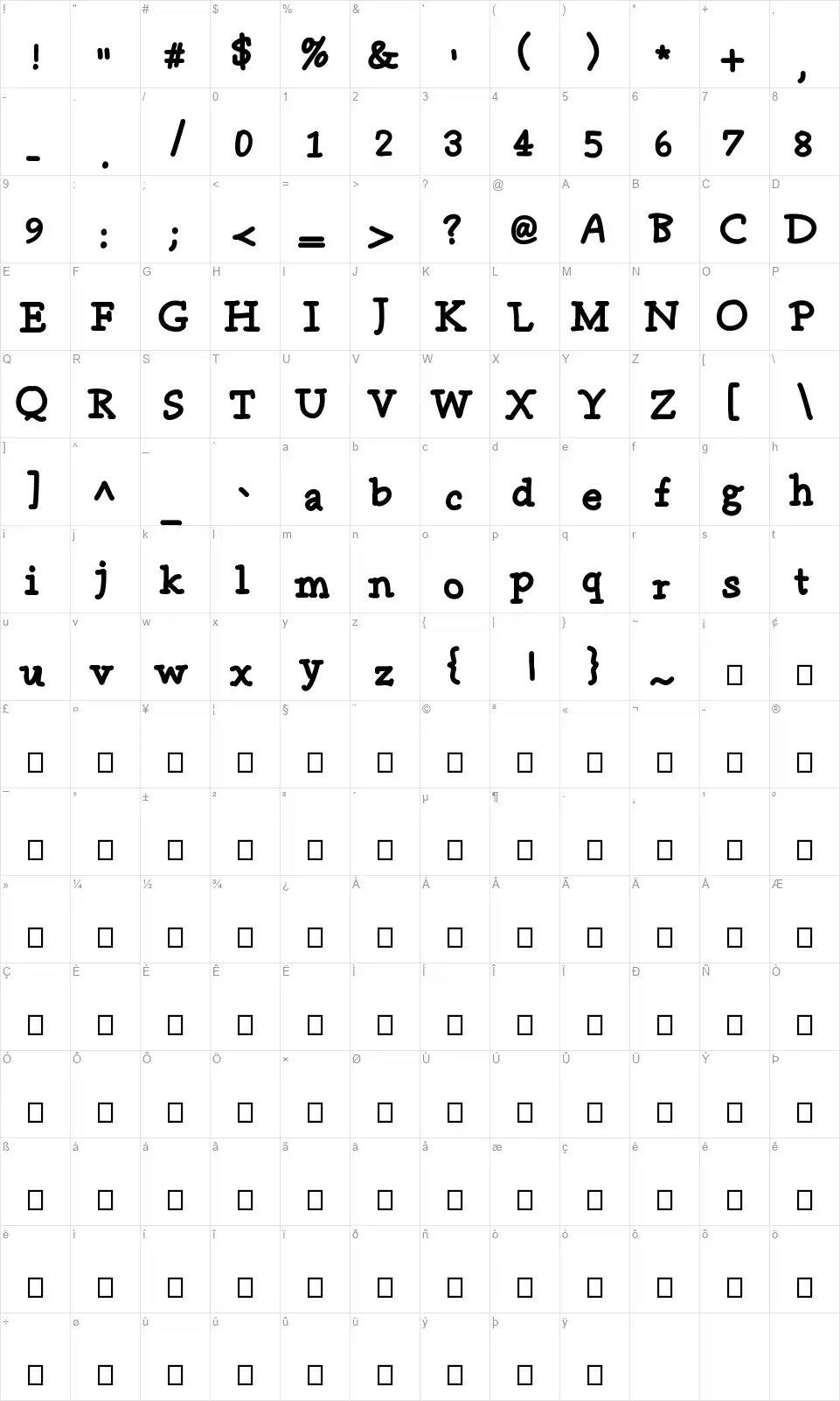 Nifty Notetakerfont character map