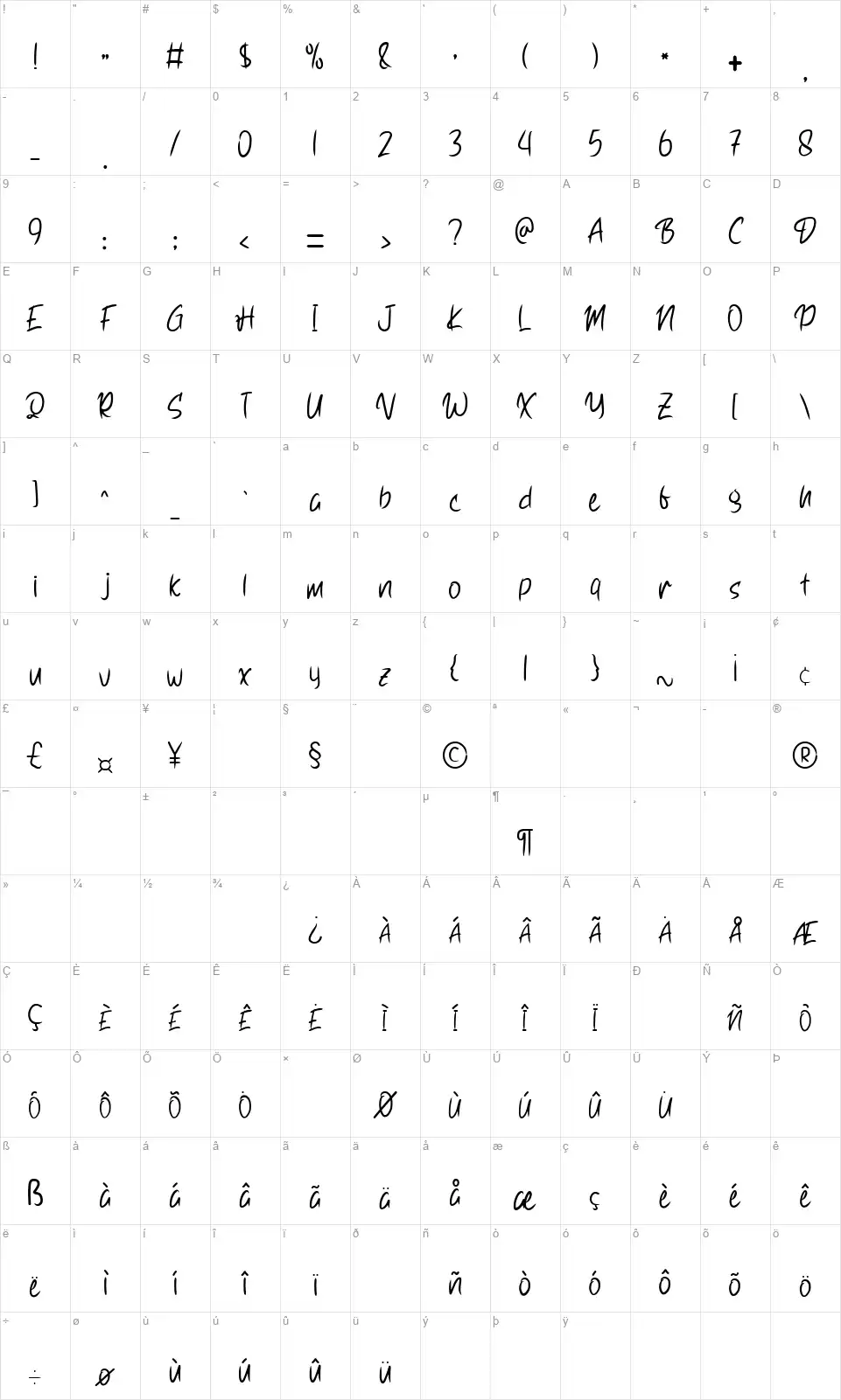 Night Lightfont character map