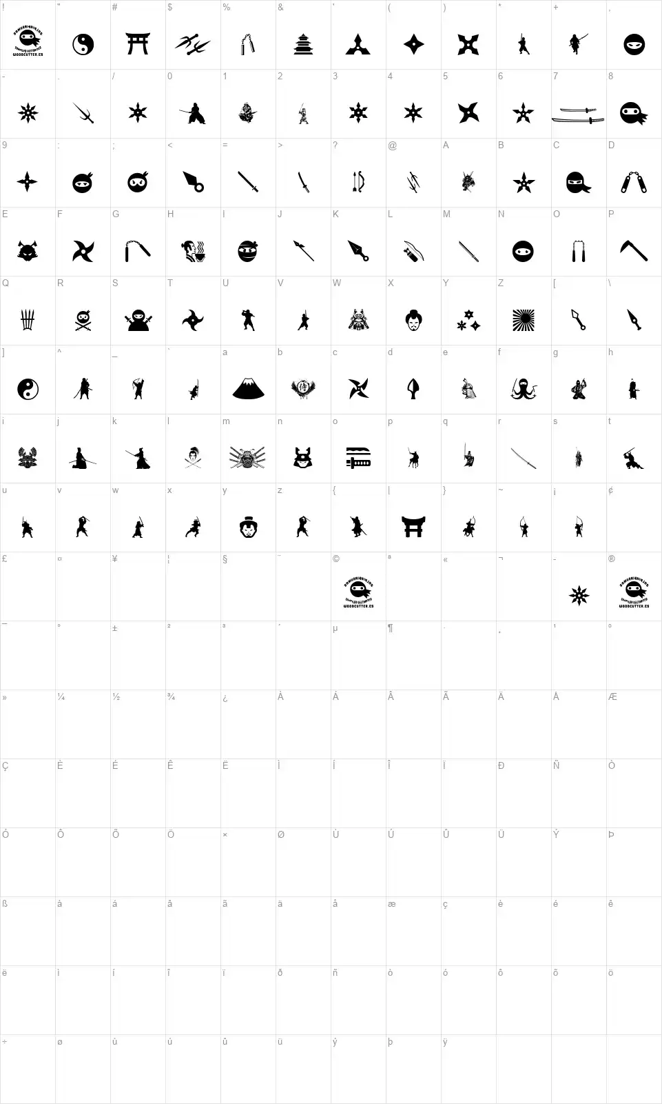 Ninja and Samuraifont character map