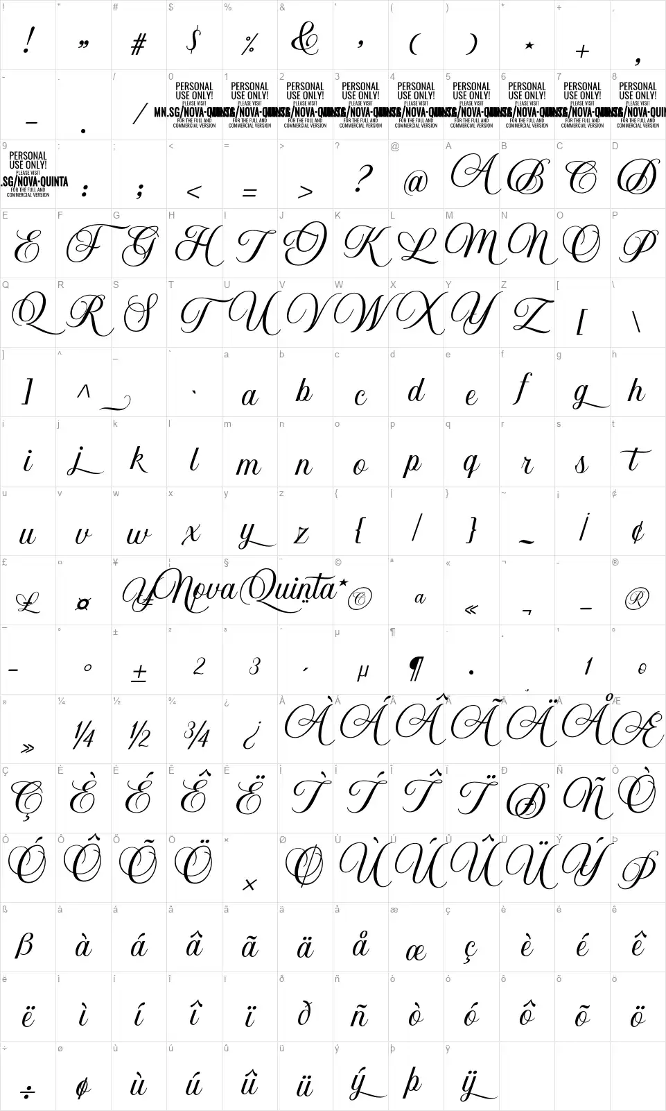 Nova Quintafont character map