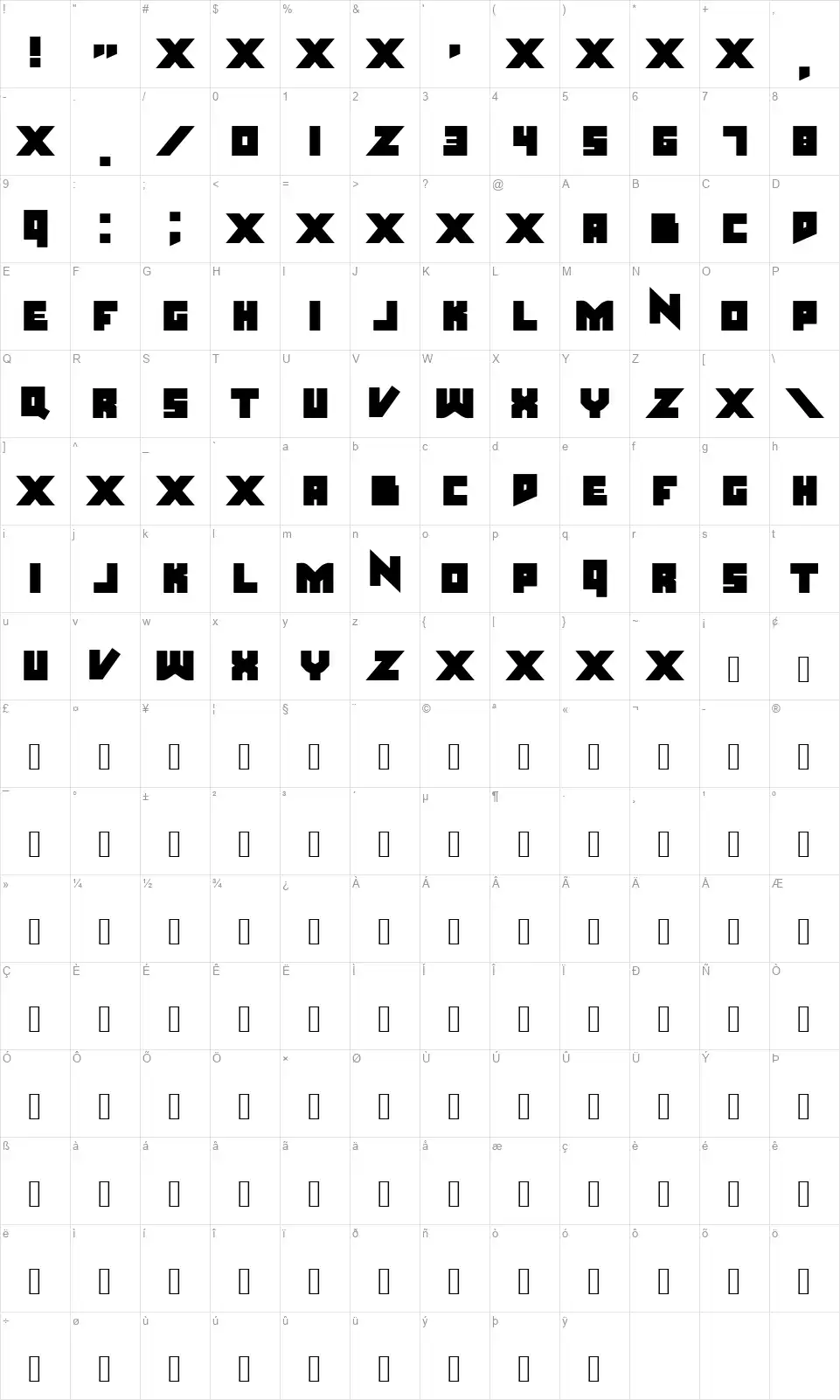 Nsteelfont character map