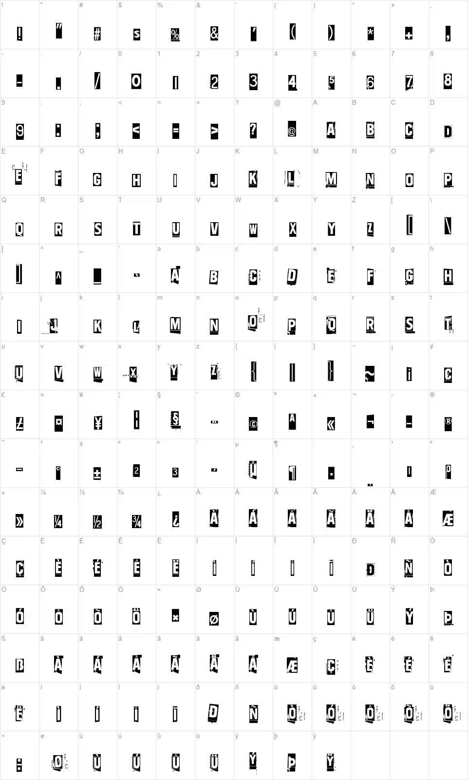 One two thirty-fourfont character map