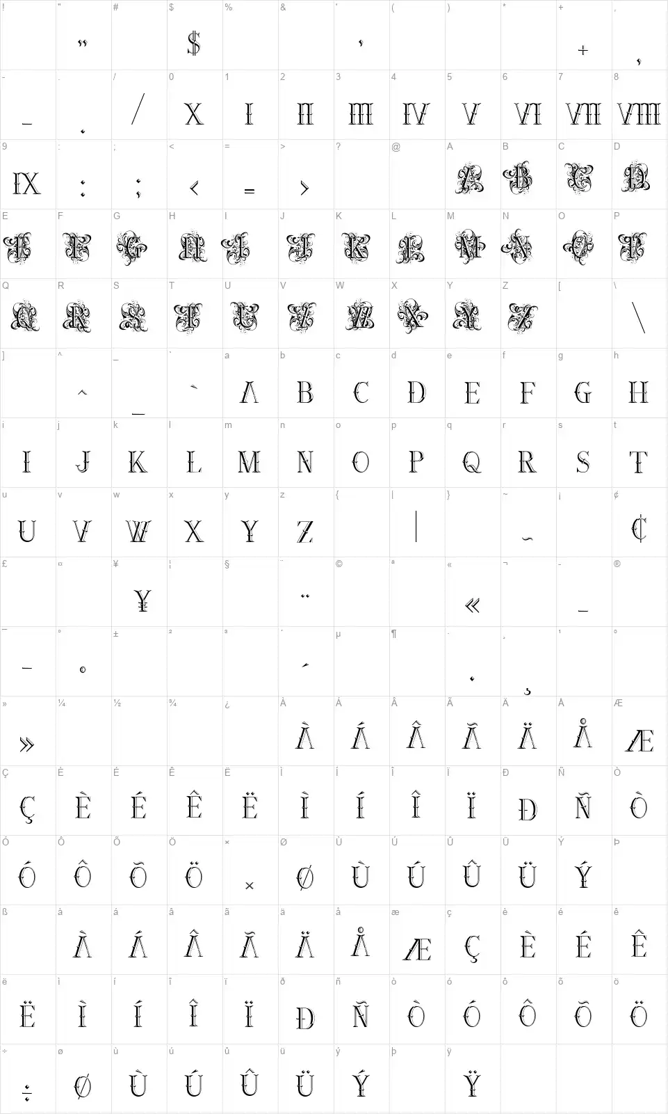 Ornamental Versalsfont character map