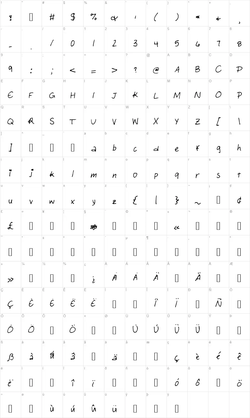 Paper Girlfont character map