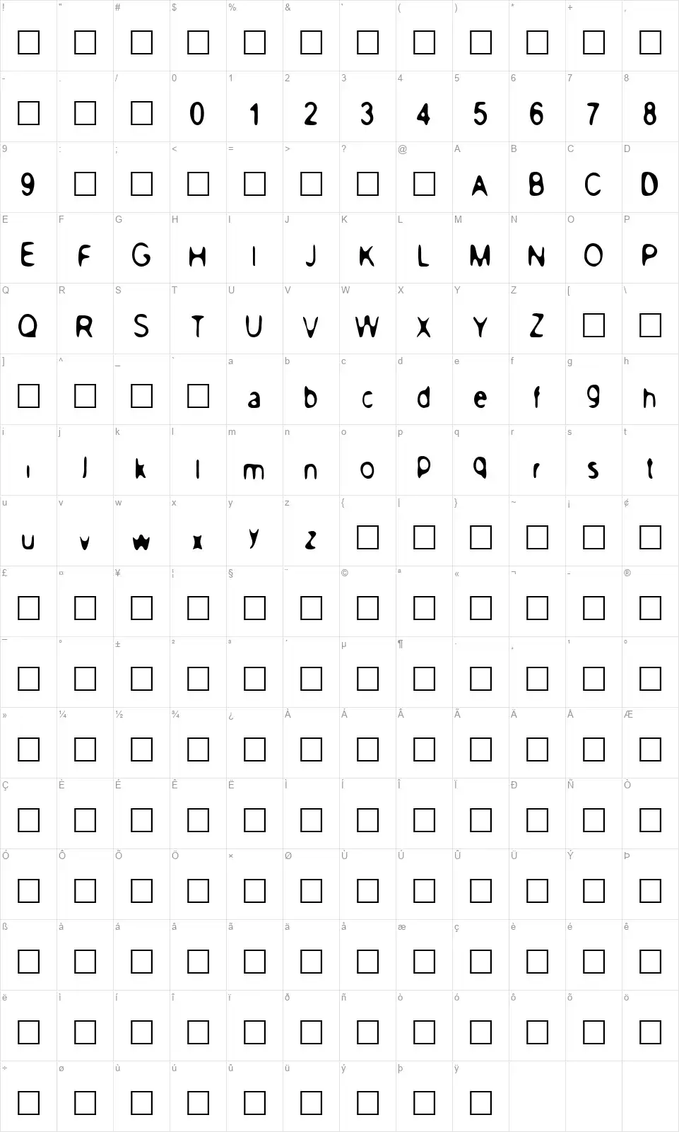 PeaceNow Basicfont character map