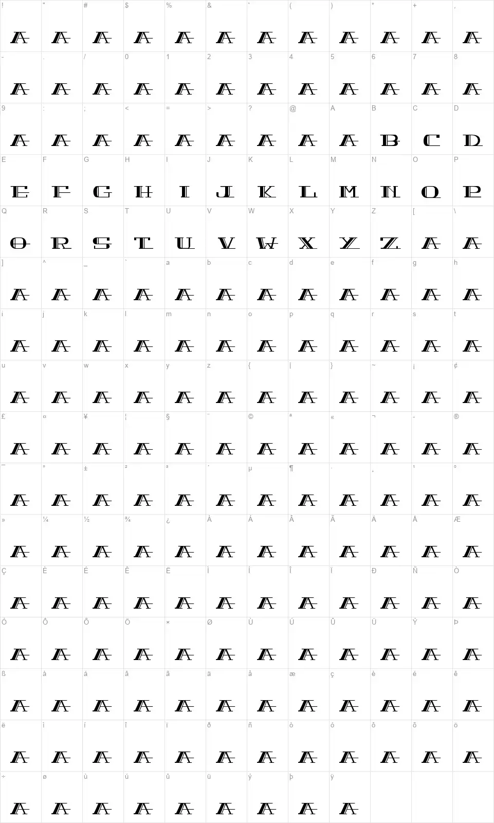 Peacockfont character map