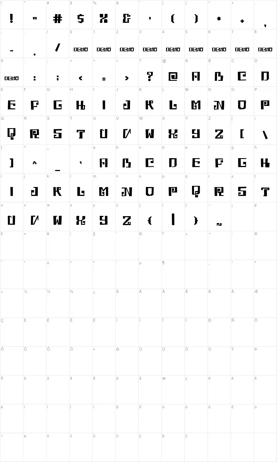 Phatayafont character map