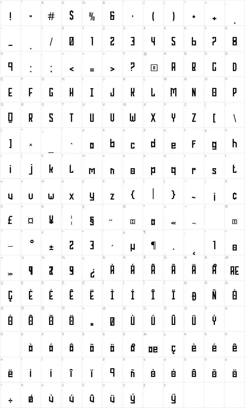 Phoenix Squadfont character map