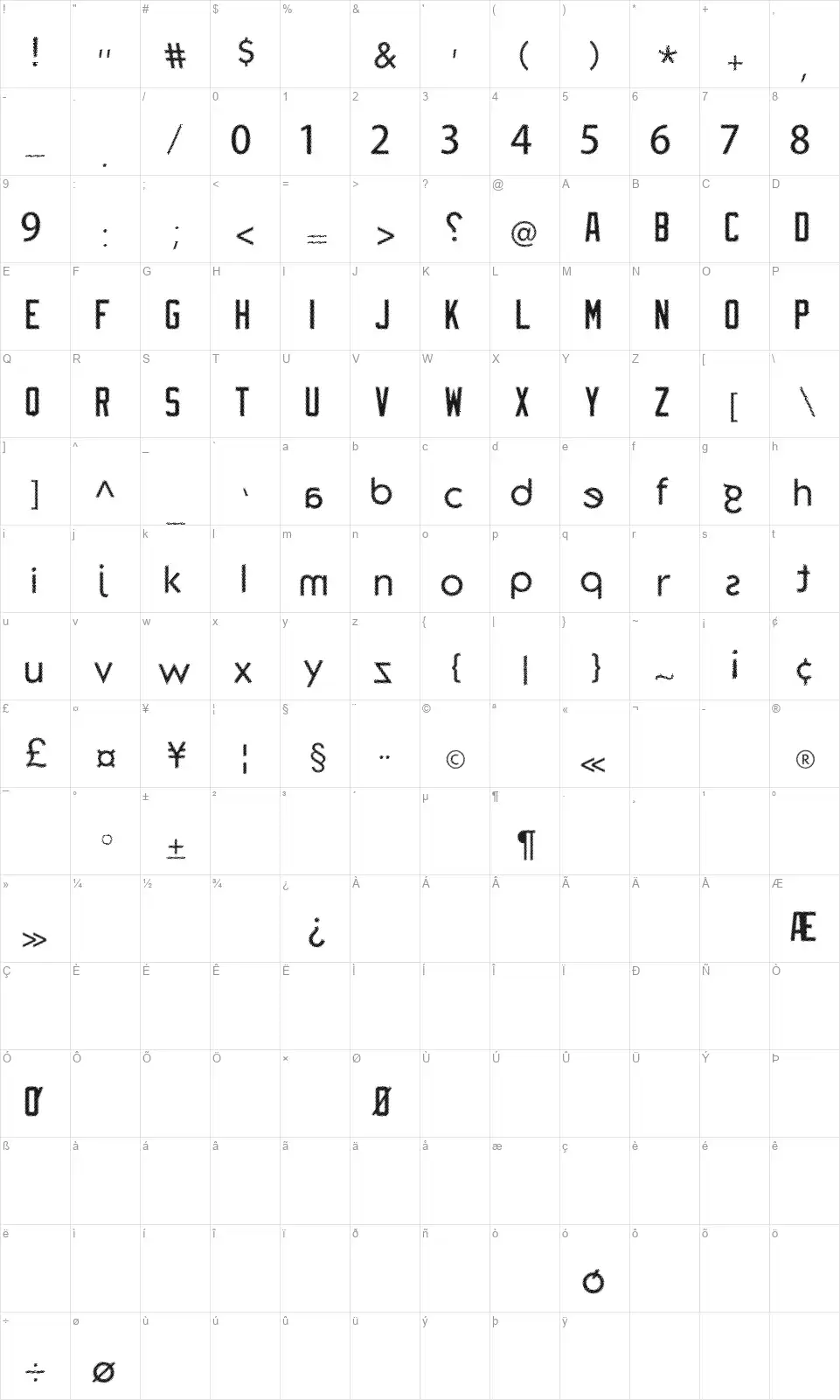 Piegusqfont character map