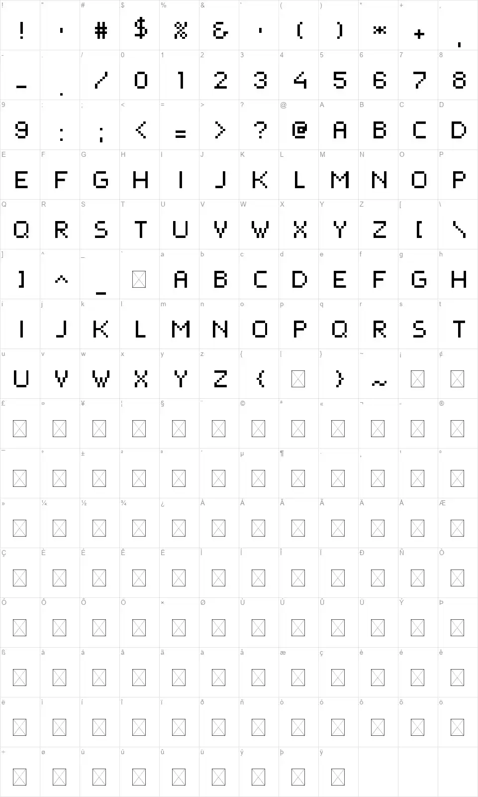Pixel Forcefont character map