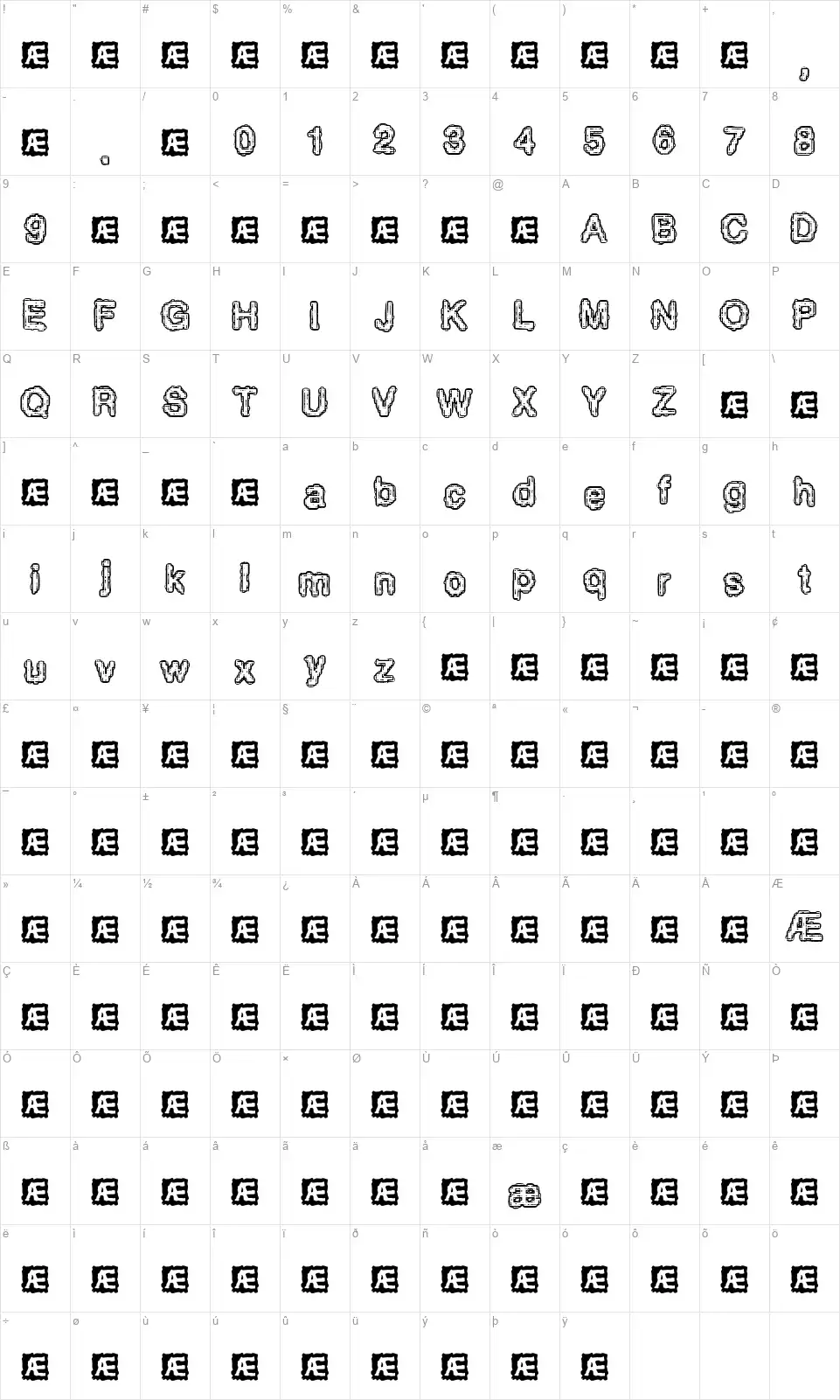 Pixel Krudfont character map