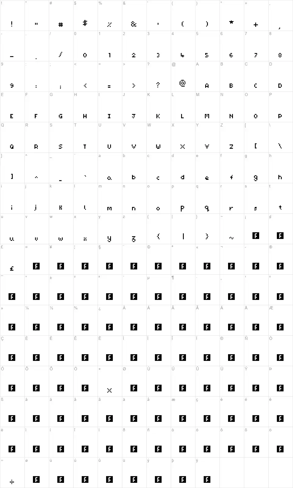 Pixel Mazfont character map