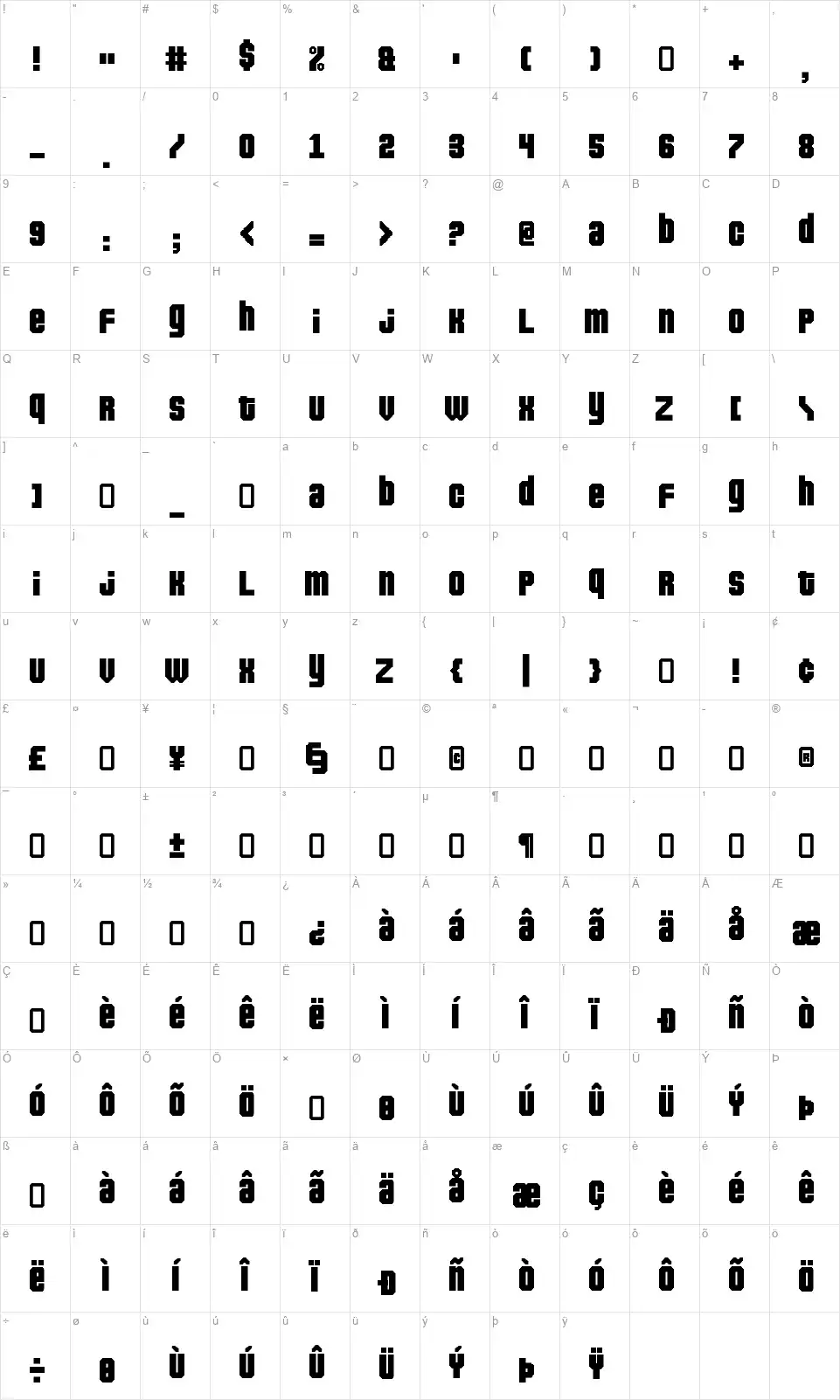 Pixeldownfont character map