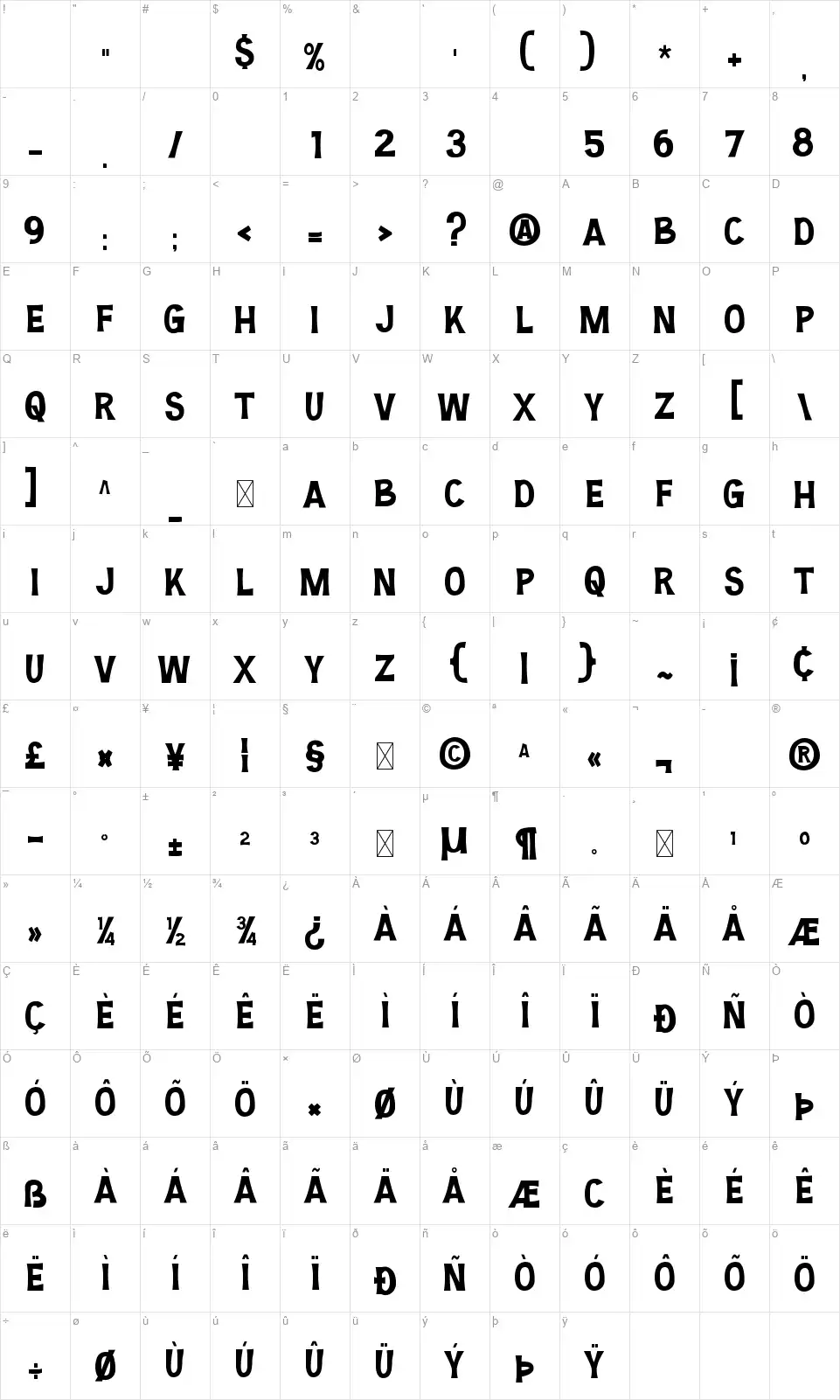 Pleasansfont character map