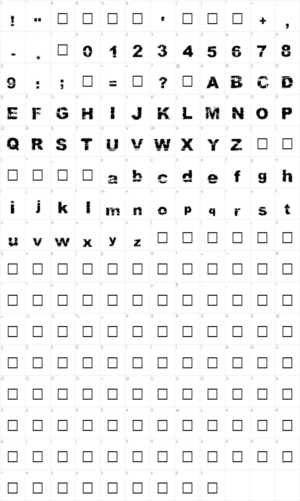 Prefixfont character map