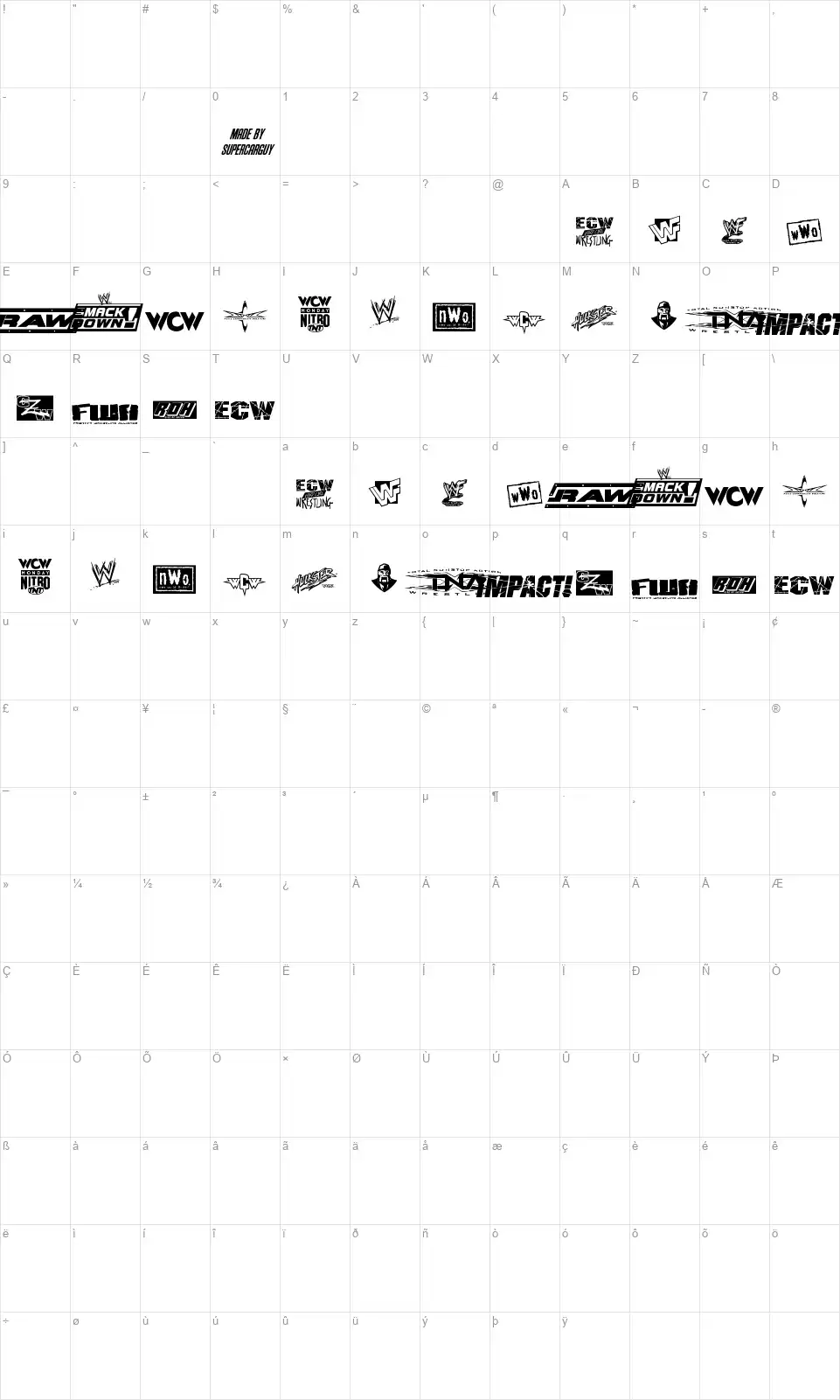 Pro Wrestling Logosfont character map