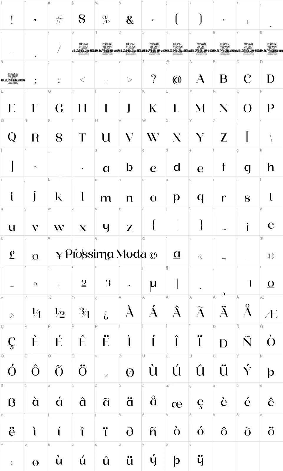 Prossima Modafont character map