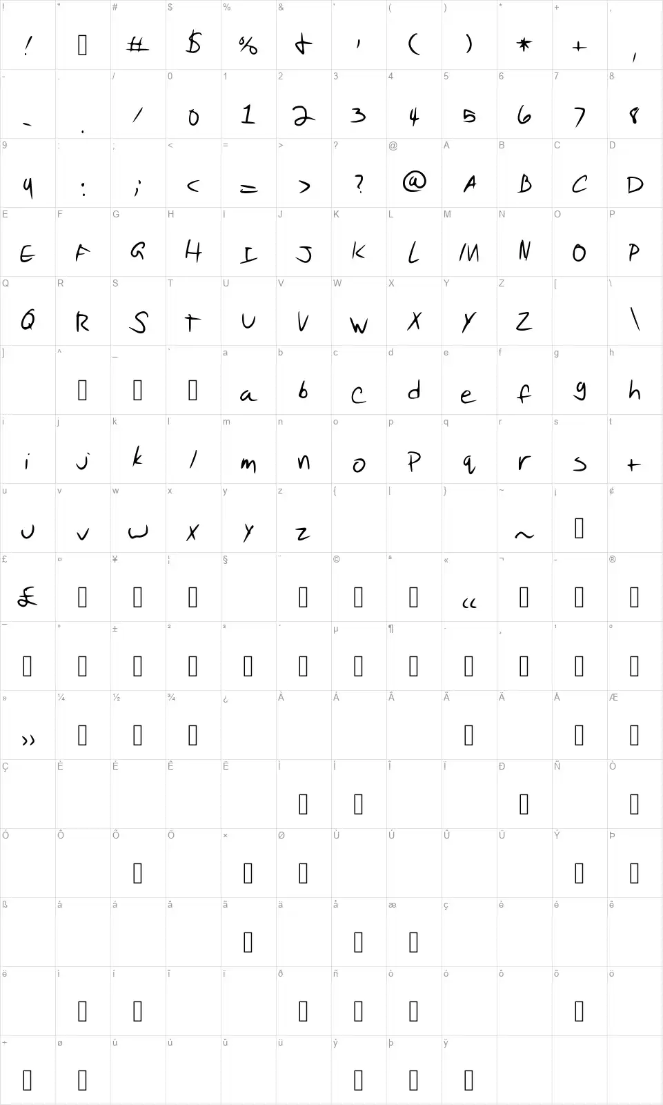 Pudding Scriptfont character map
