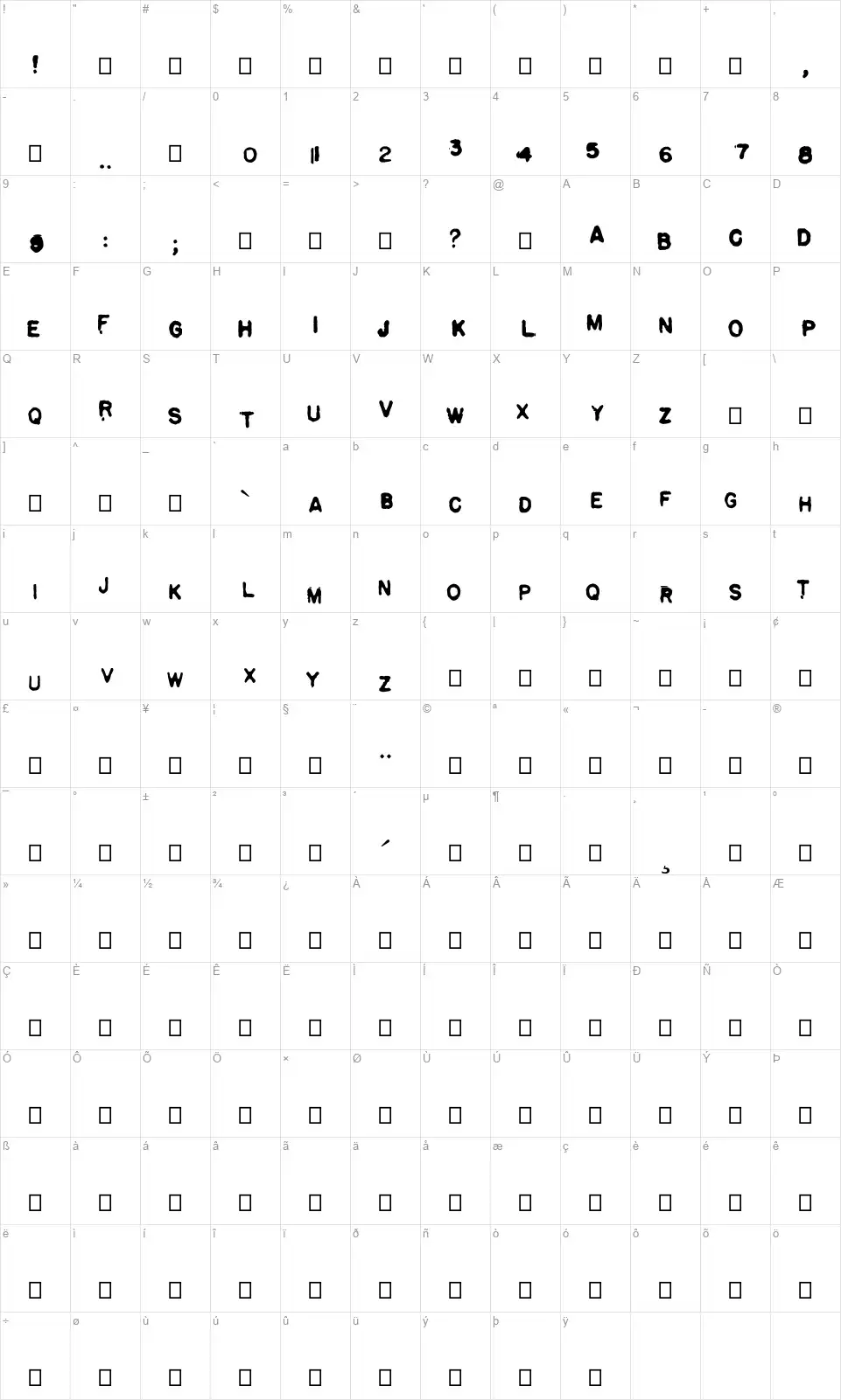 Pulpfont character map