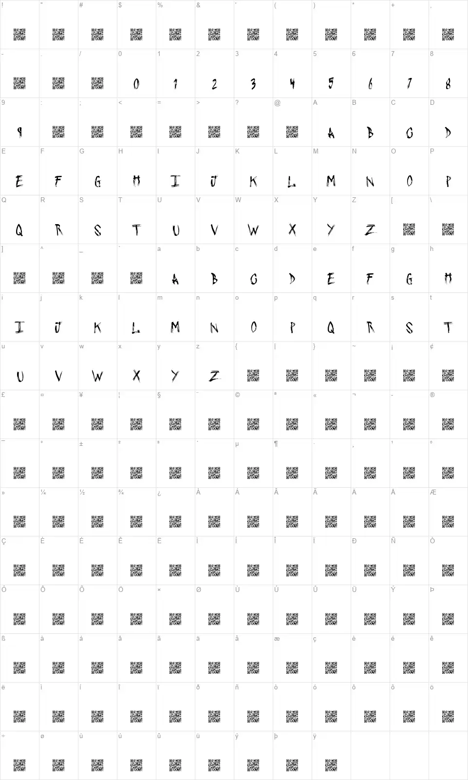 Pushing Sticksfont character map