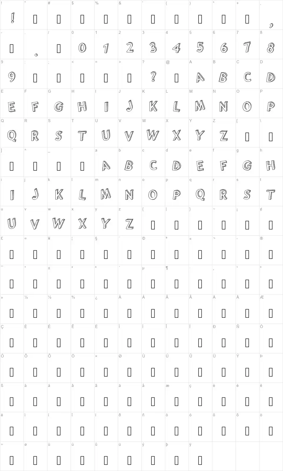 PW Shadedfont character map