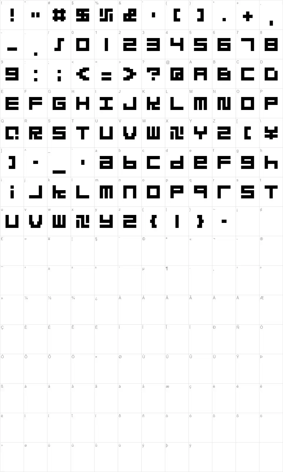Quadratsfont character map
