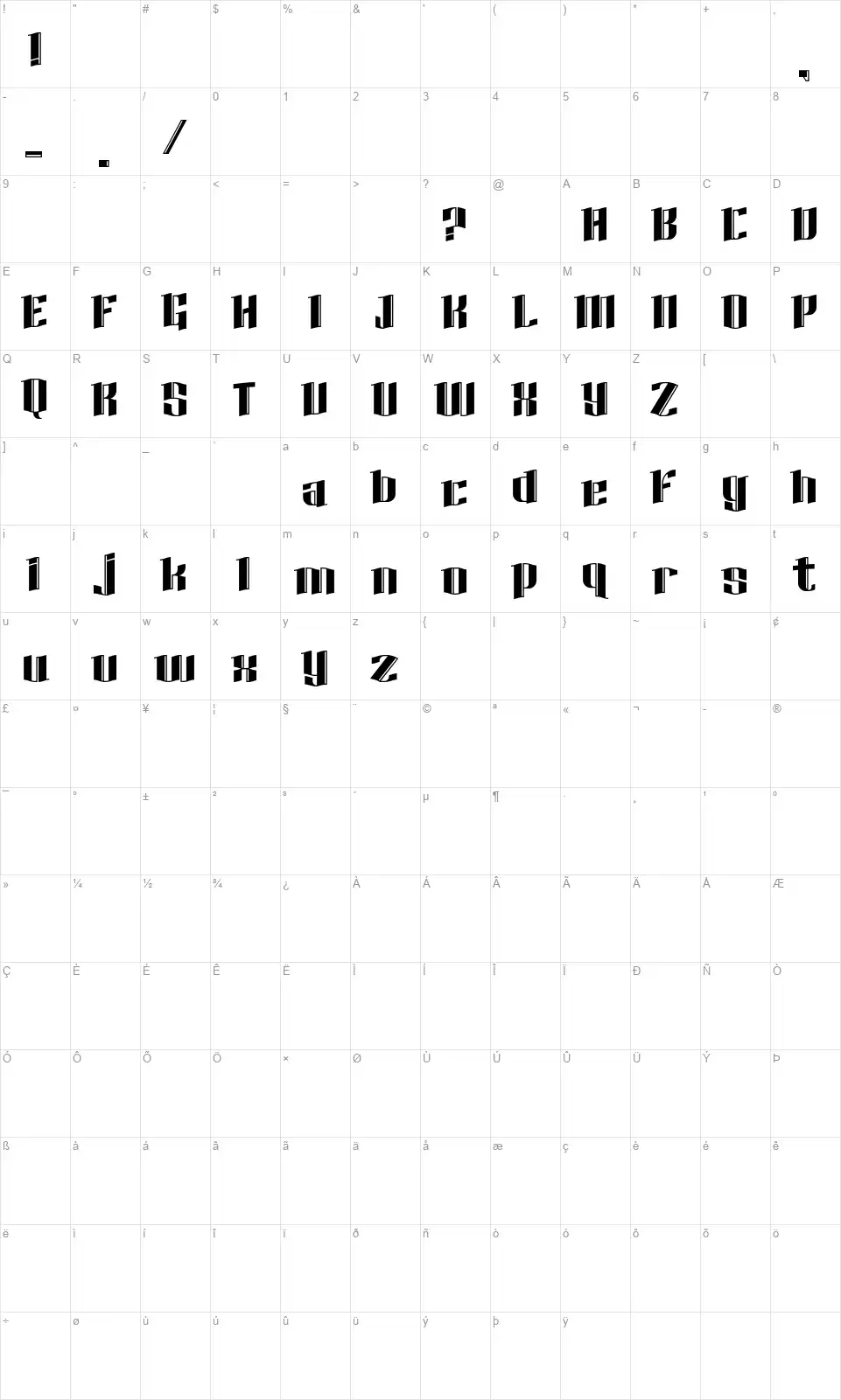 Radbornfont character map