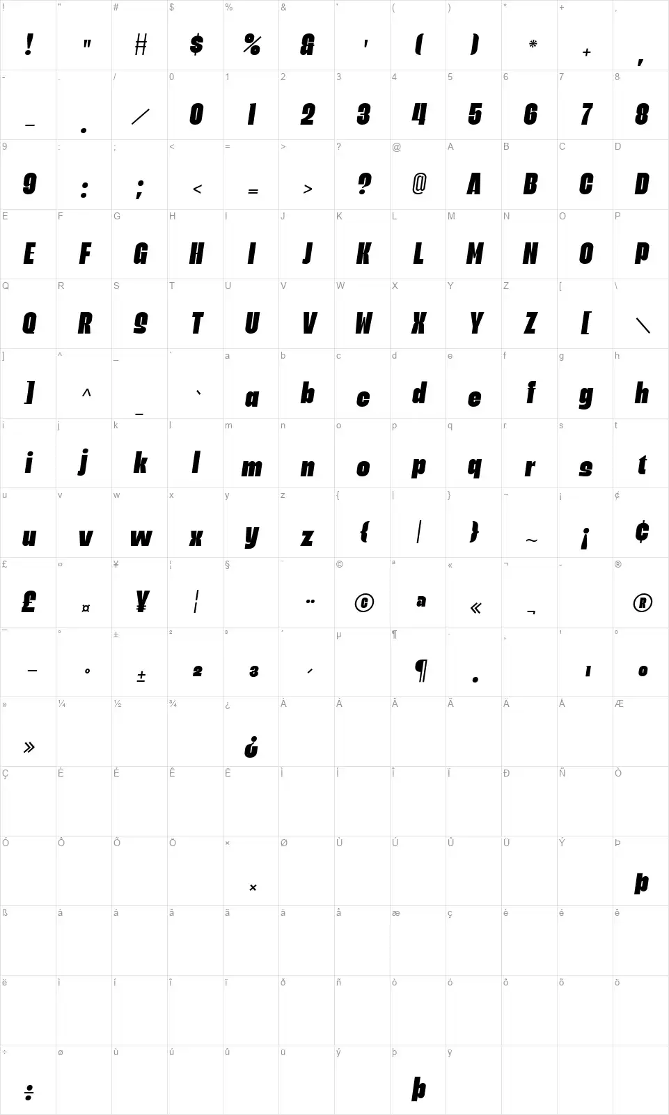 Rafigenfont character map